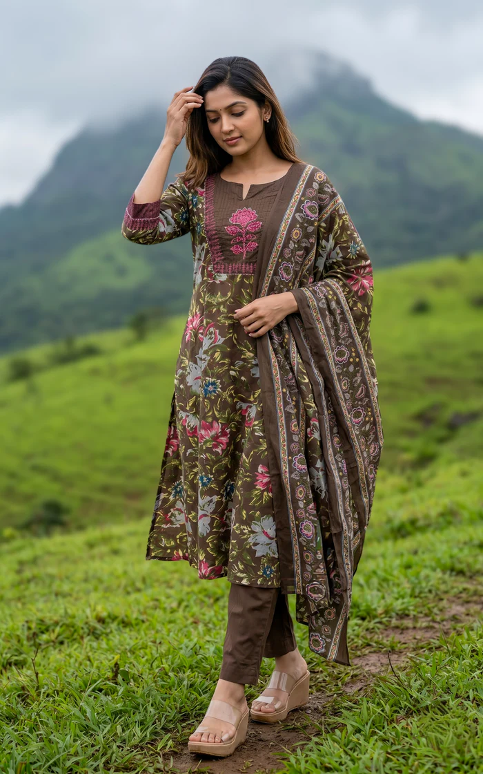 Chocolate Brown Floral Printed Straight Salwar set